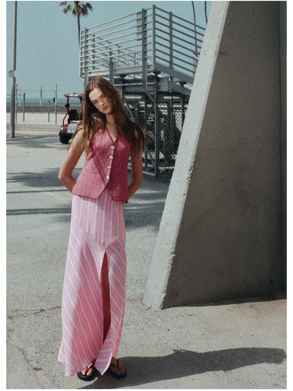Zara Pink Striped Maxi Skirt with Center Front Slit